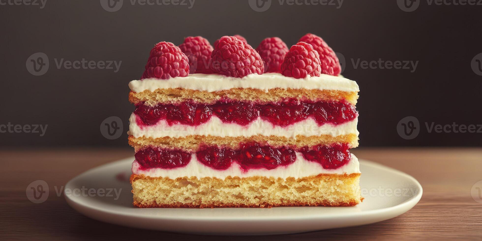 Delicious raspberry cream cake served on a white plate in a cozy setting with warm lighting photo