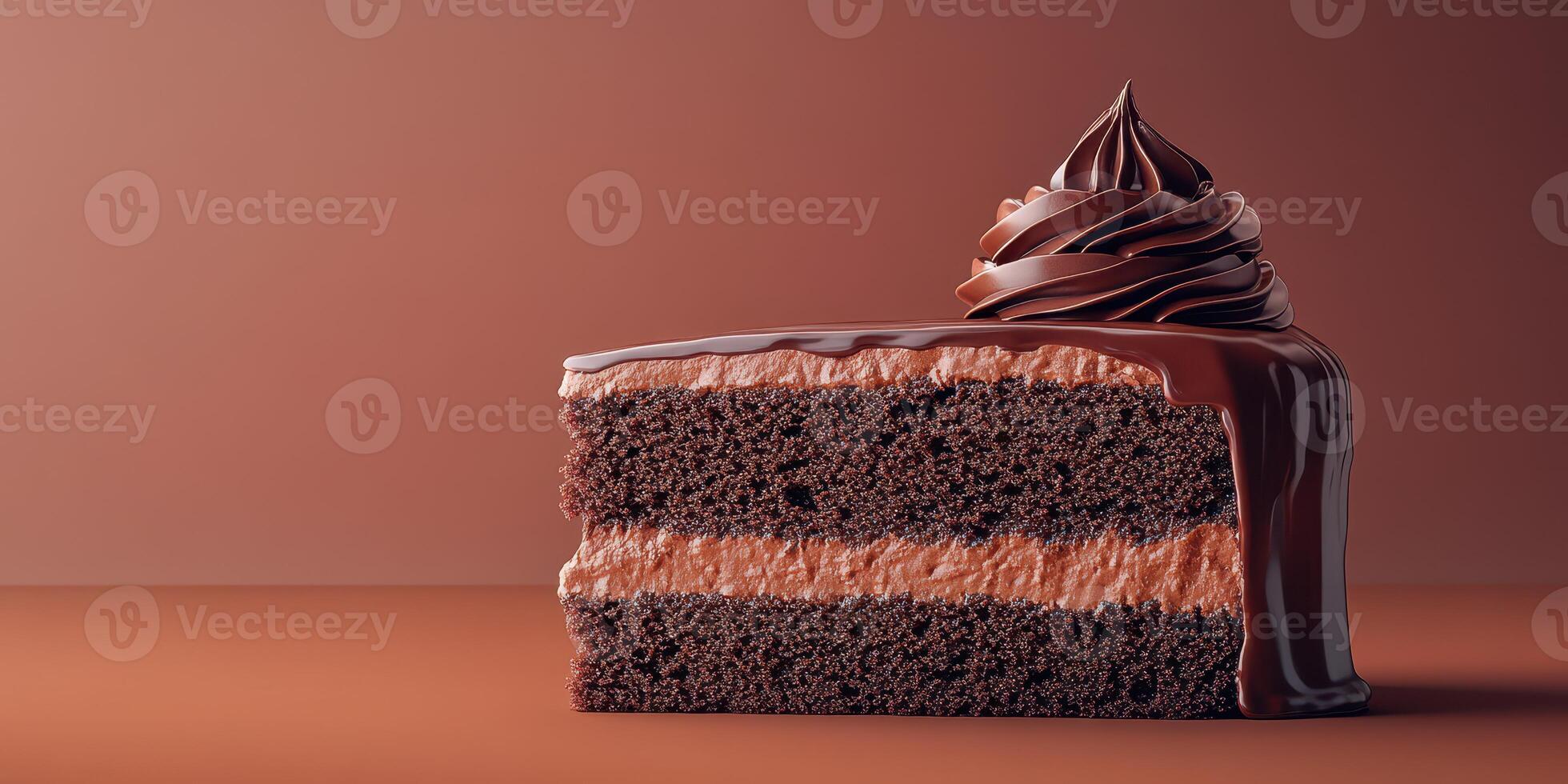 Decadent chocolate cake slice with rich frosting displayed on a minimalistic background photo