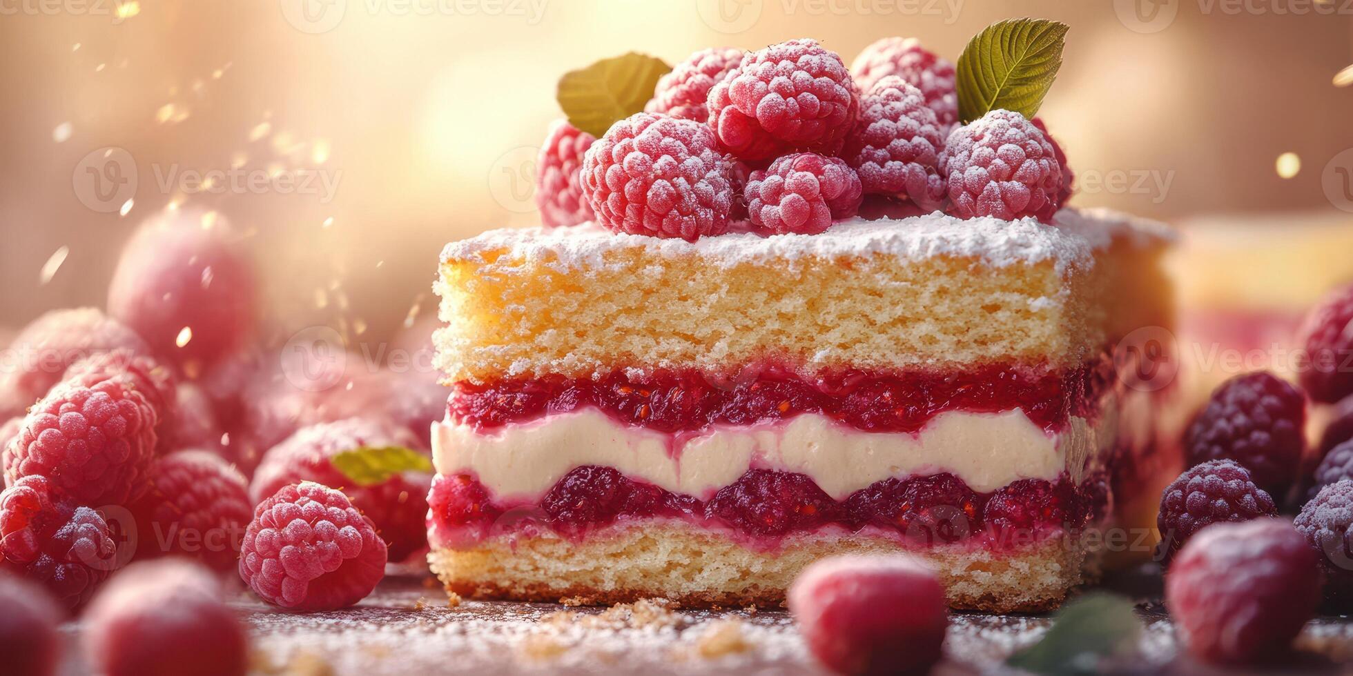 Delicious raspberry cake layered with cream and fruit on a rustic table at sunset photo