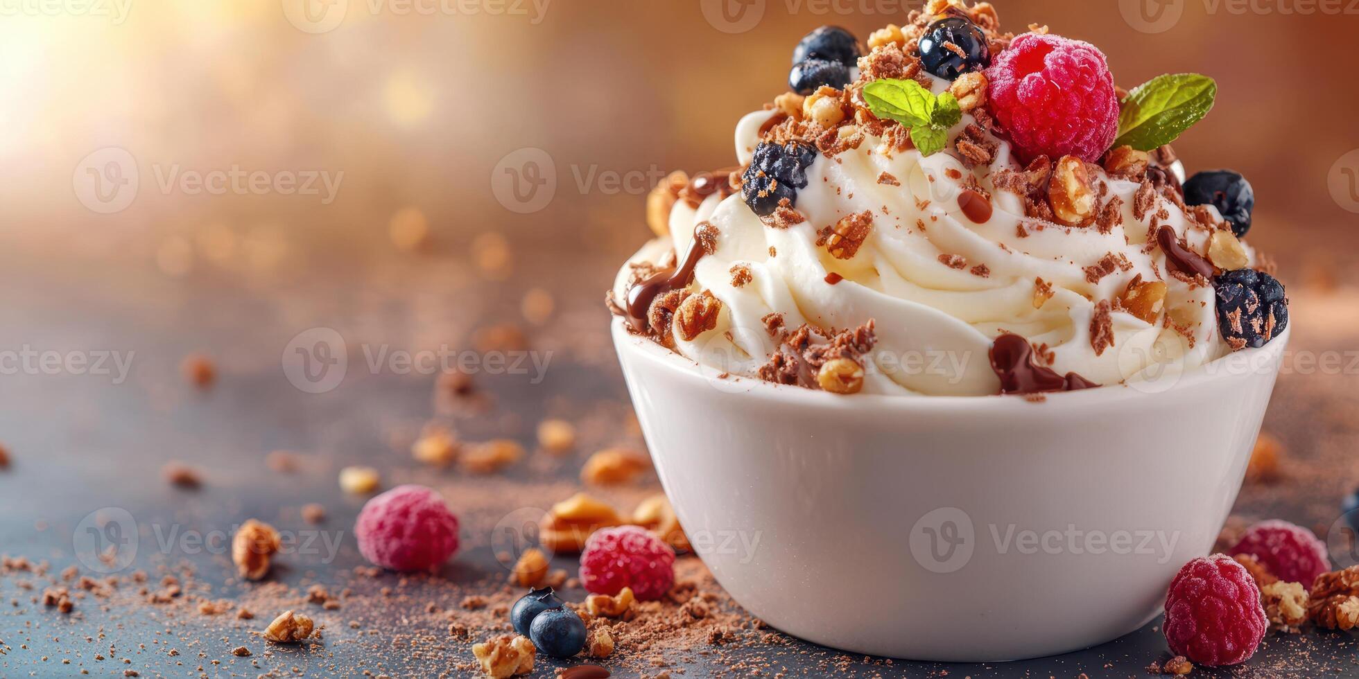Delicious dessert topped with fresh berries and granola served in a white bowl photo