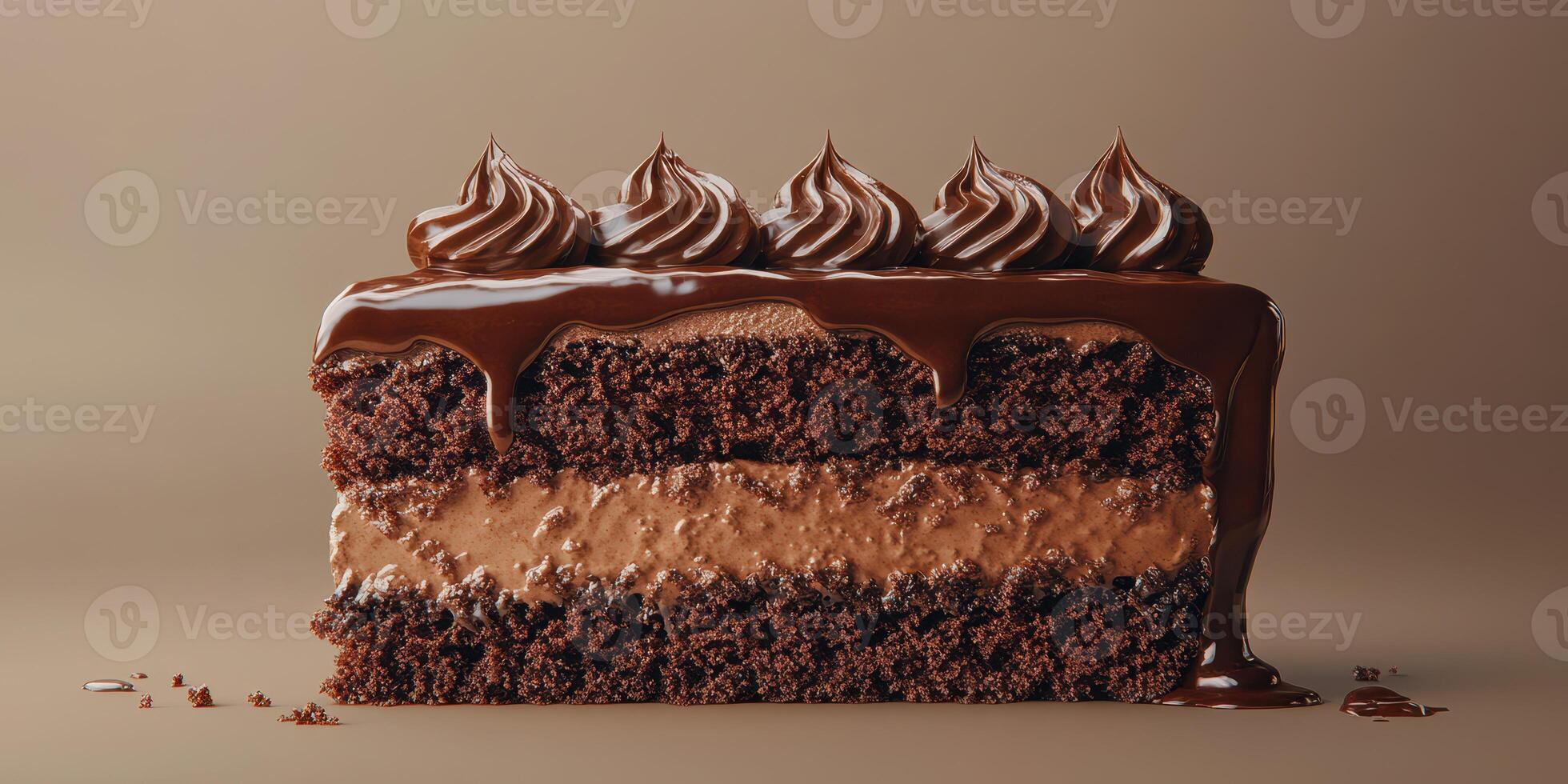 Decadent chocolate cake with creamy filling and rich frosting displayed on a neutral background photo