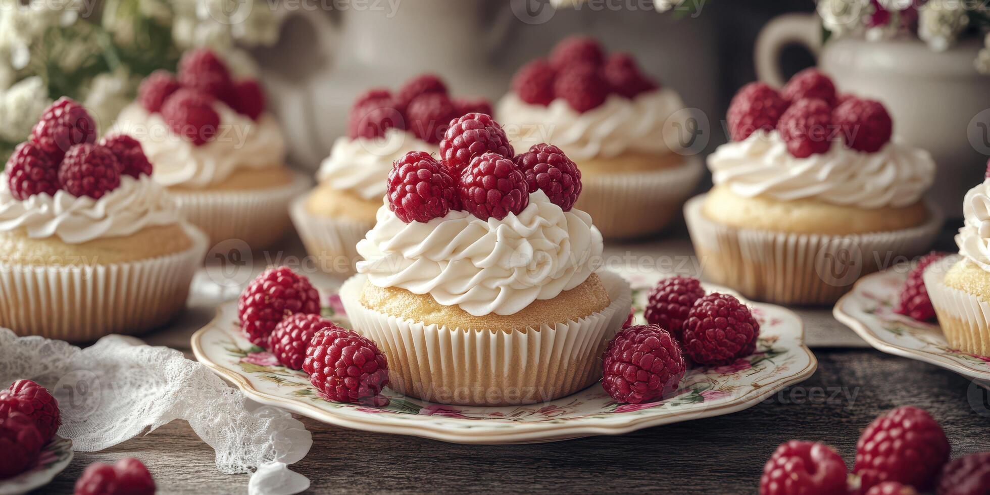 Delightful raspberry topped cupcakes displayed on vintage plates with a rustic backdrop photo