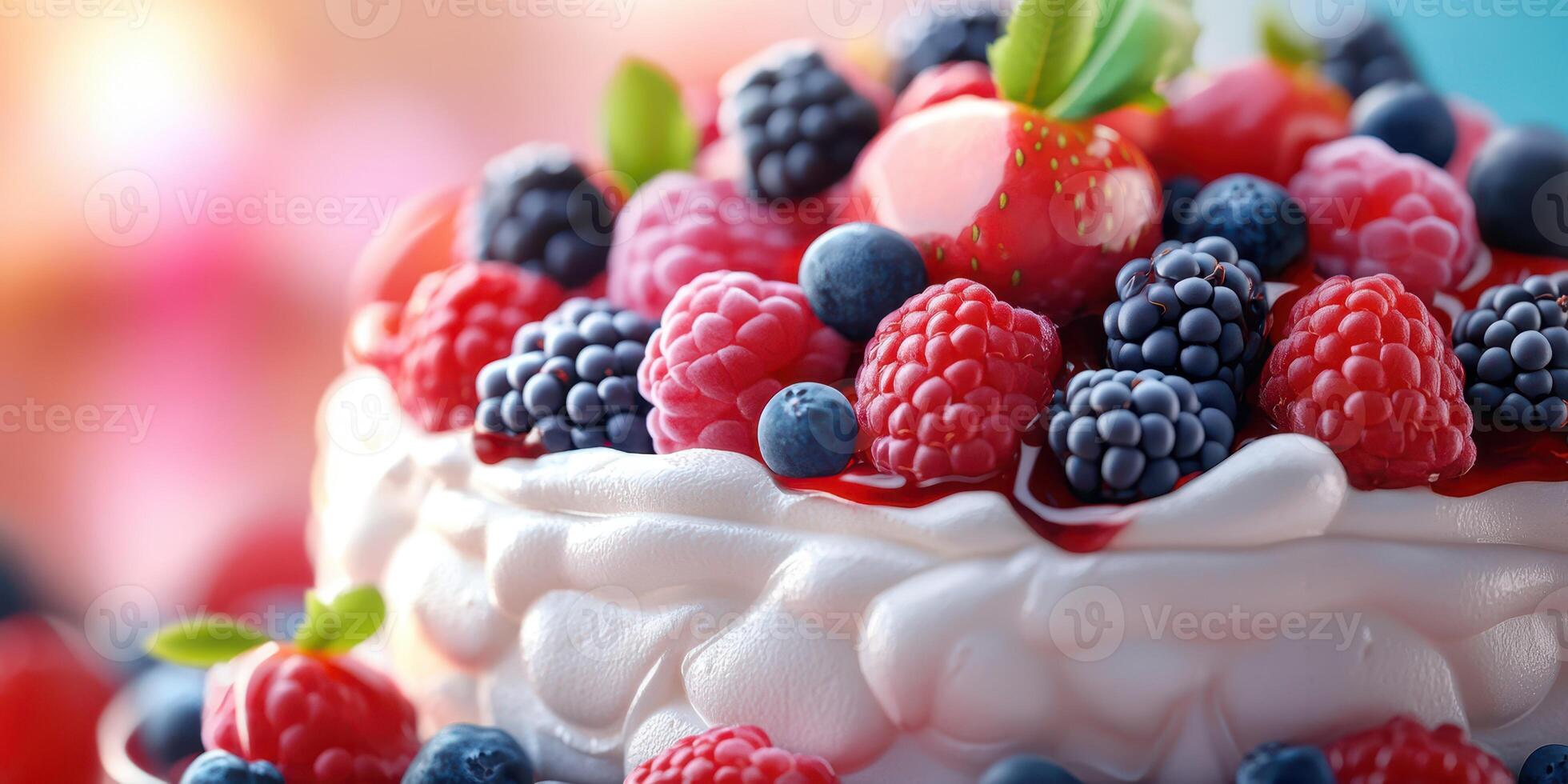 Colorful berry cake topped with fresh strawberries and blueberries at a summer gathering photo
