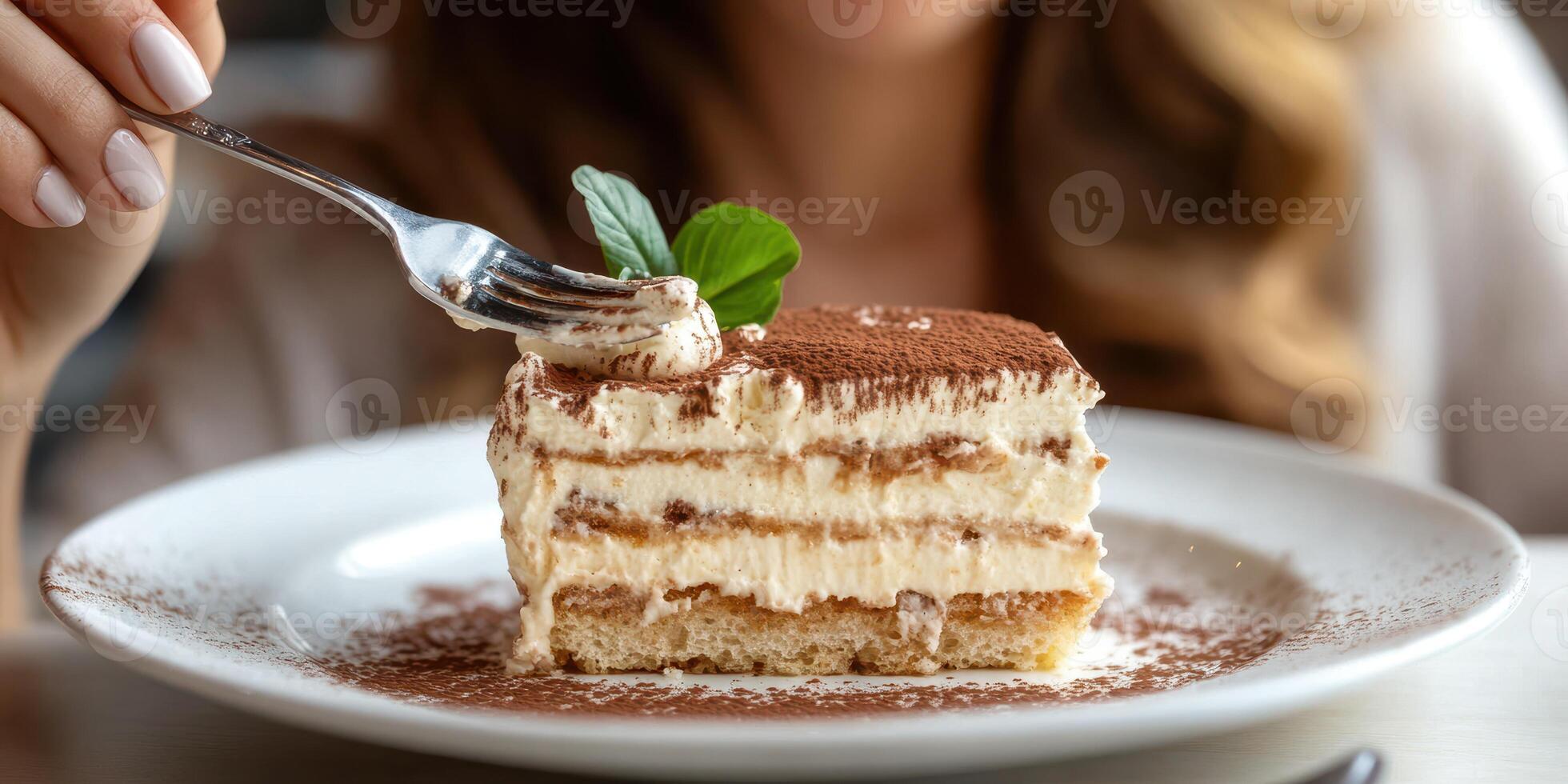 Delicious dessert served on a plate with a fork ready to take a bite in an elegant dining setting photo