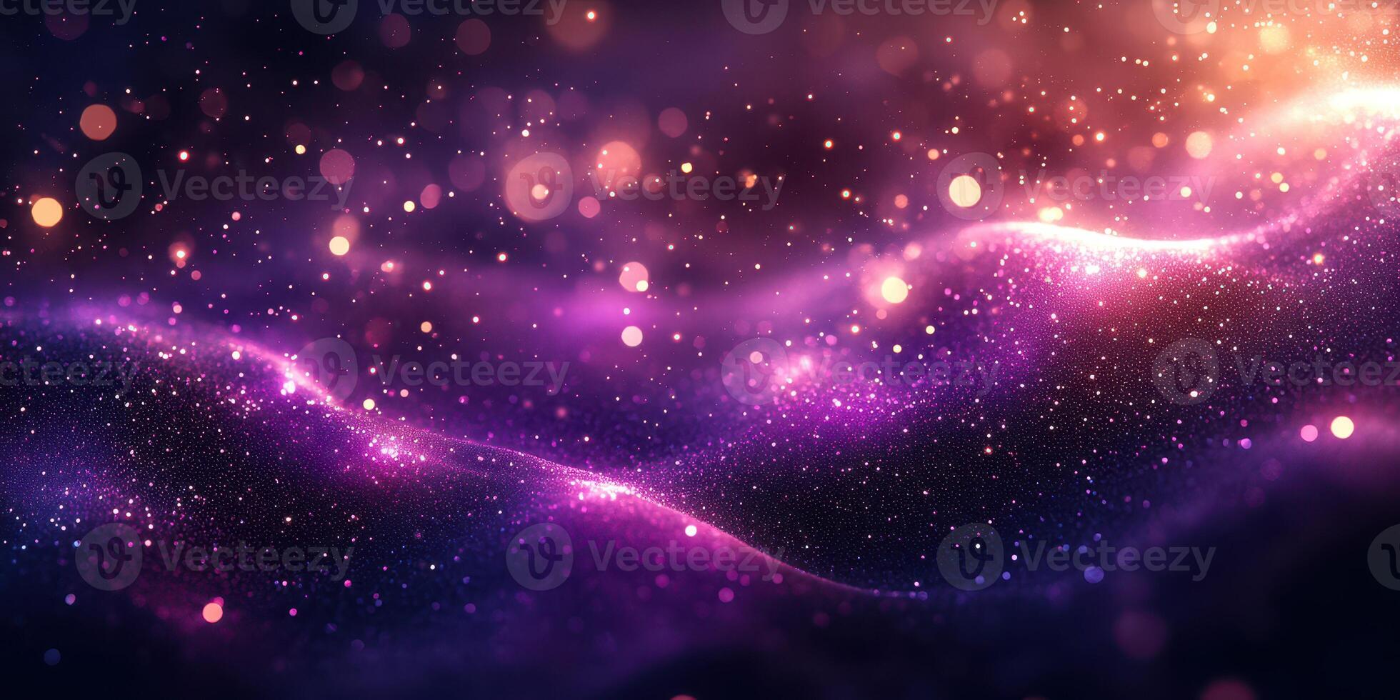 Vibrant cosmic waves filled with luminous particles and glowing lights in a deep purple space photo