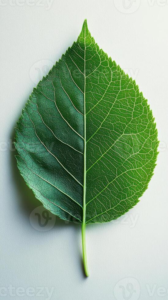 Detailed close-up of a green leaf showing intricate veins and textures on a light background during daylight hours photo