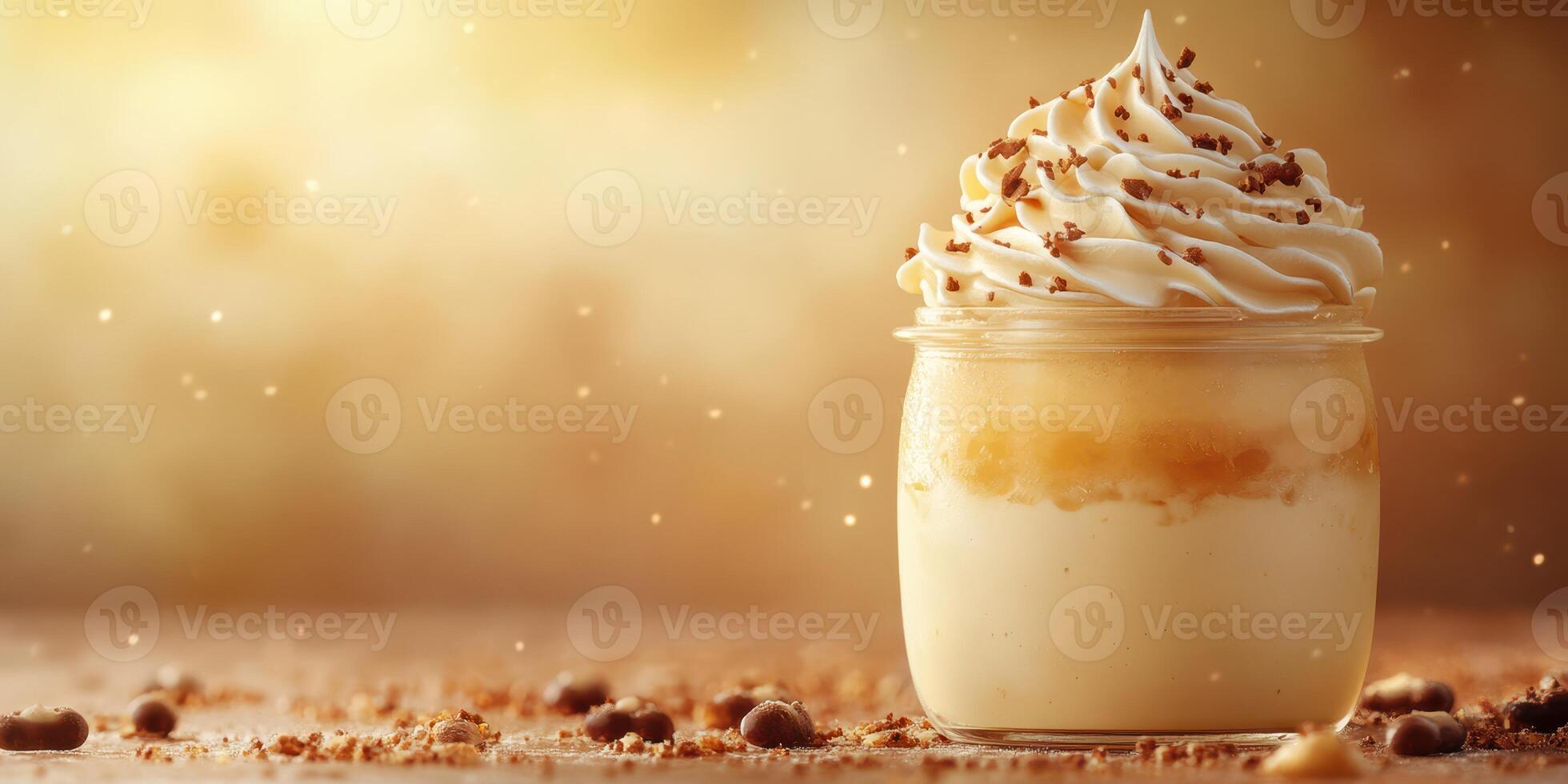 Creamy dessert in glass jar with whipped topping and nuts garnishing on wooden surface at sunset photo