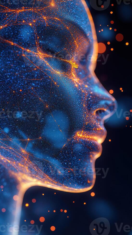Radiant profile of a woman with luminous patterns illuminating her face in a dark setting photo