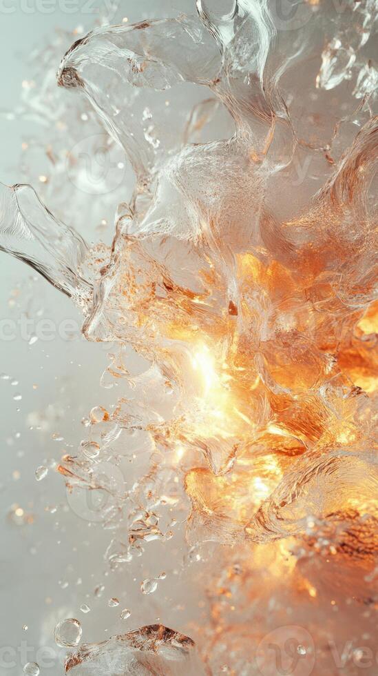 Bright orange explosion of water droplets capturing light in a dynamic display of motion and color photo