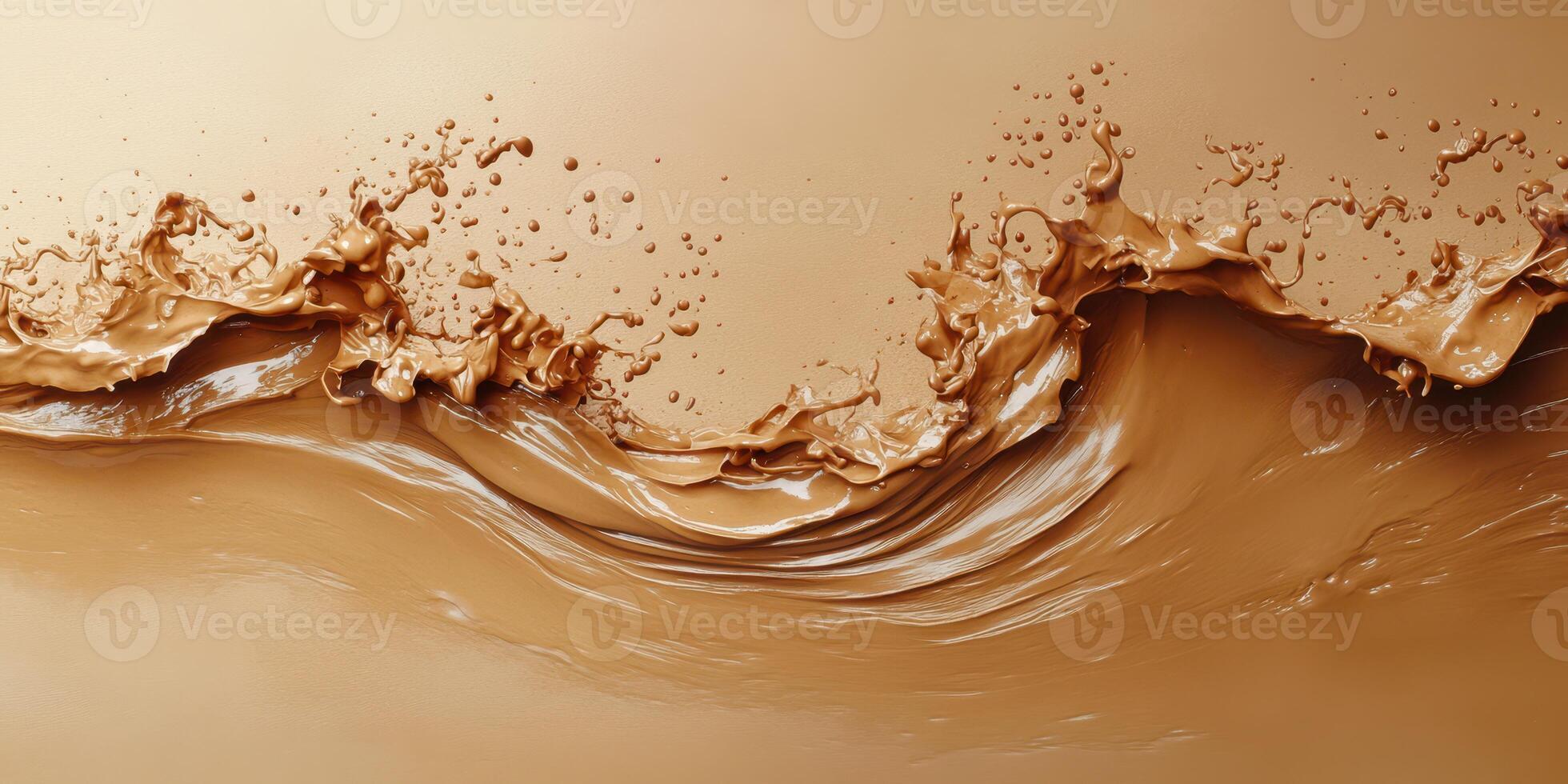 Fluid waves of chocolate brown liquid create dynamic splashes against a smooth surface, capturing a moment of energy and motion photo