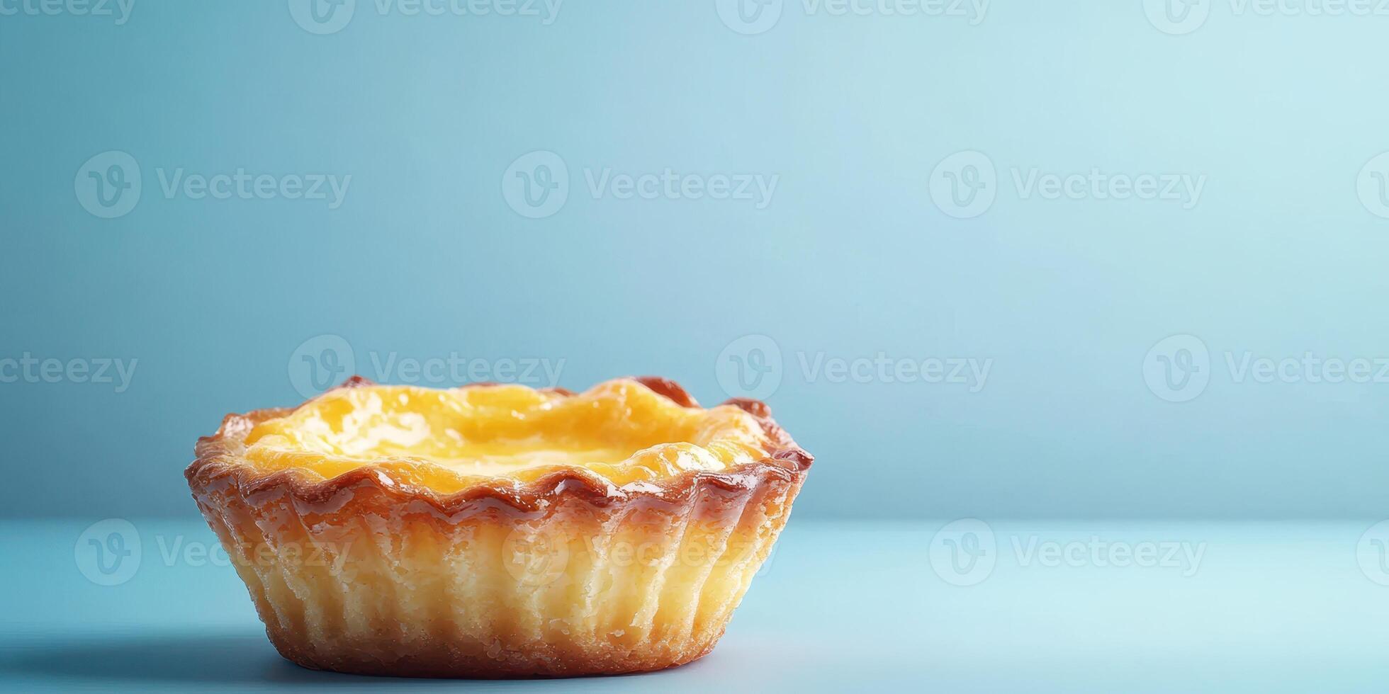 Delicious custard tart sitting on a minimalistic background in a cozy kitchen setting photo