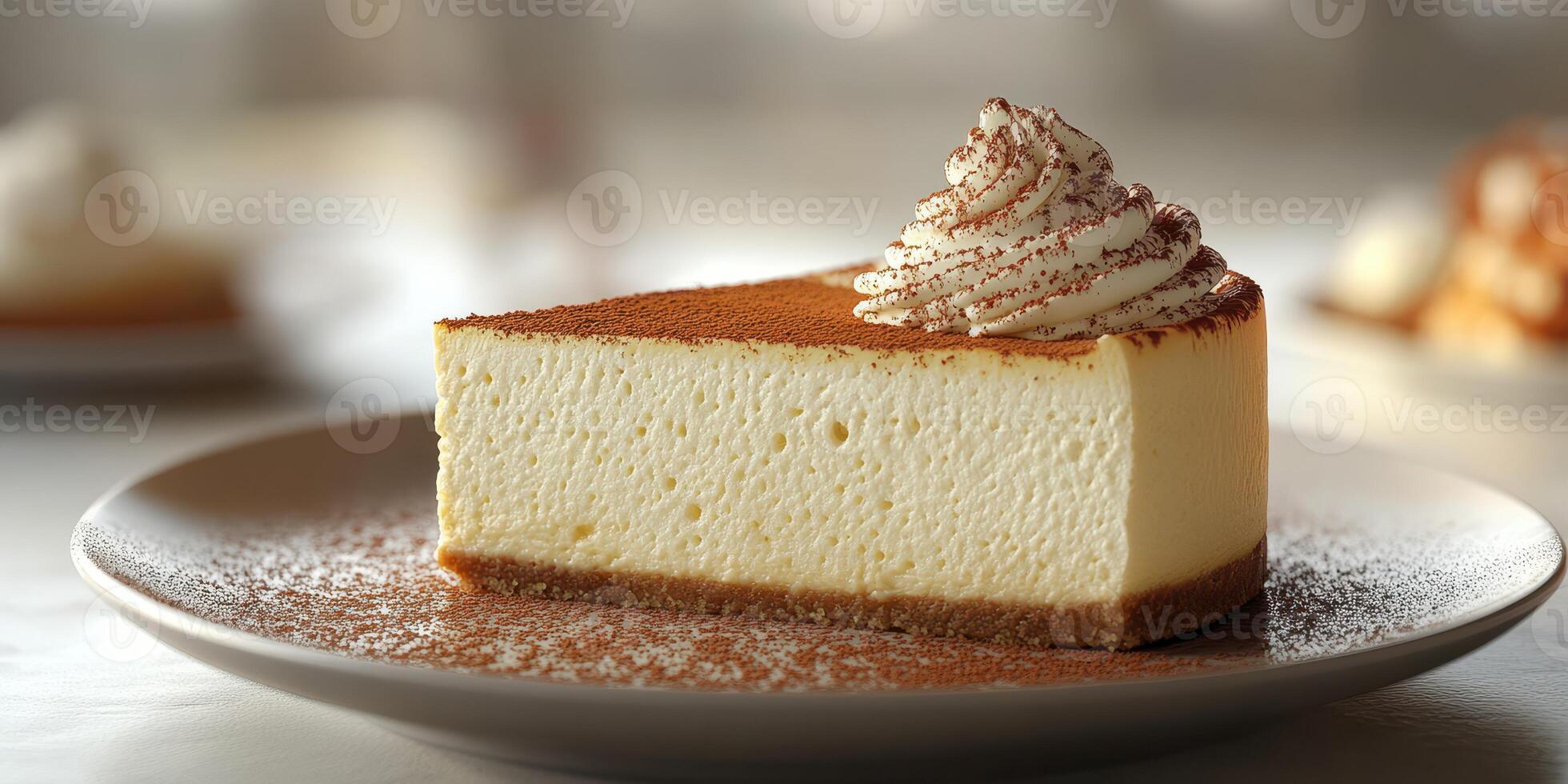 Creamy cheesecake slice with whipped cream and cocoa dust on a white plate in a well-lit dining space photo