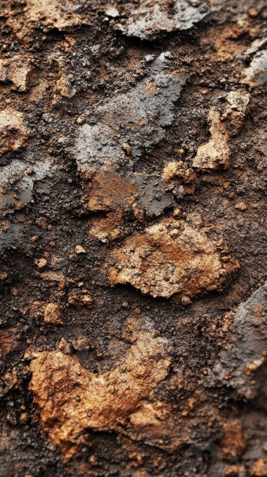 Detailed close-up of textured earth showing layers of soil and rock formations in natural landscape photo