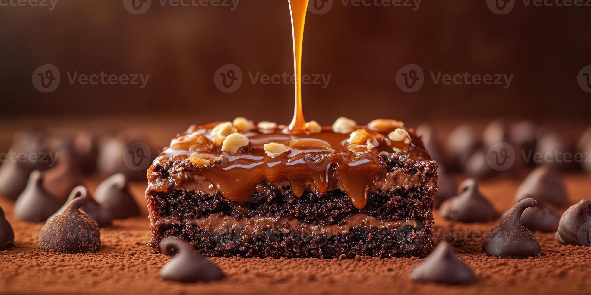 Decadent chocolate caramel brownie topped with drizzled sauce during a dessert setting photo
