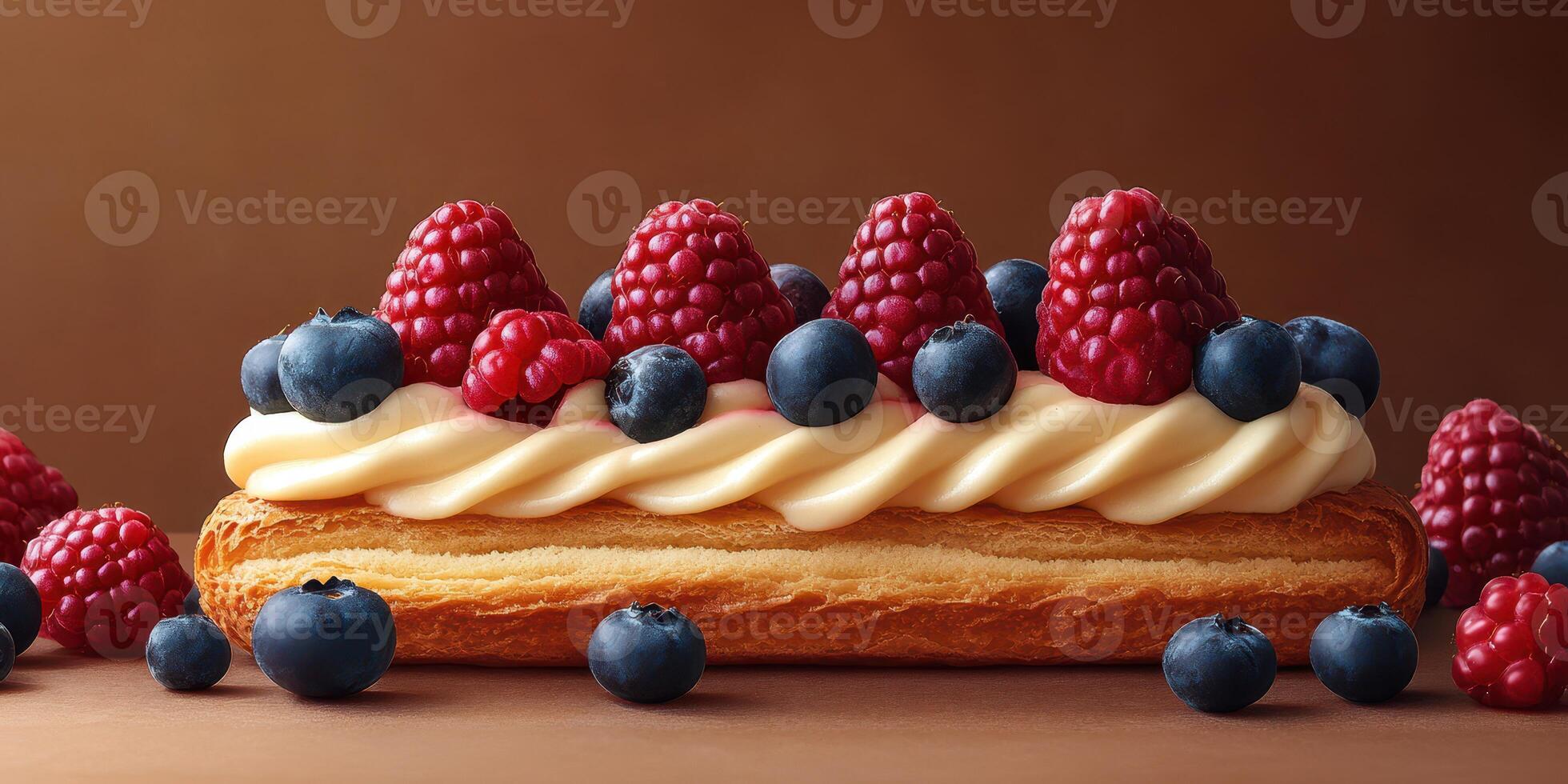 Colorful pastry topped with fresh berries showcases delightful dessert artistry in a warm setting photo