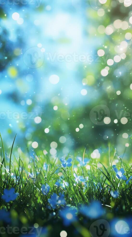 Bright spring morning with dewdrops sparkling on vibrant green grass and delicate blue flowers in a sunlit garden photo