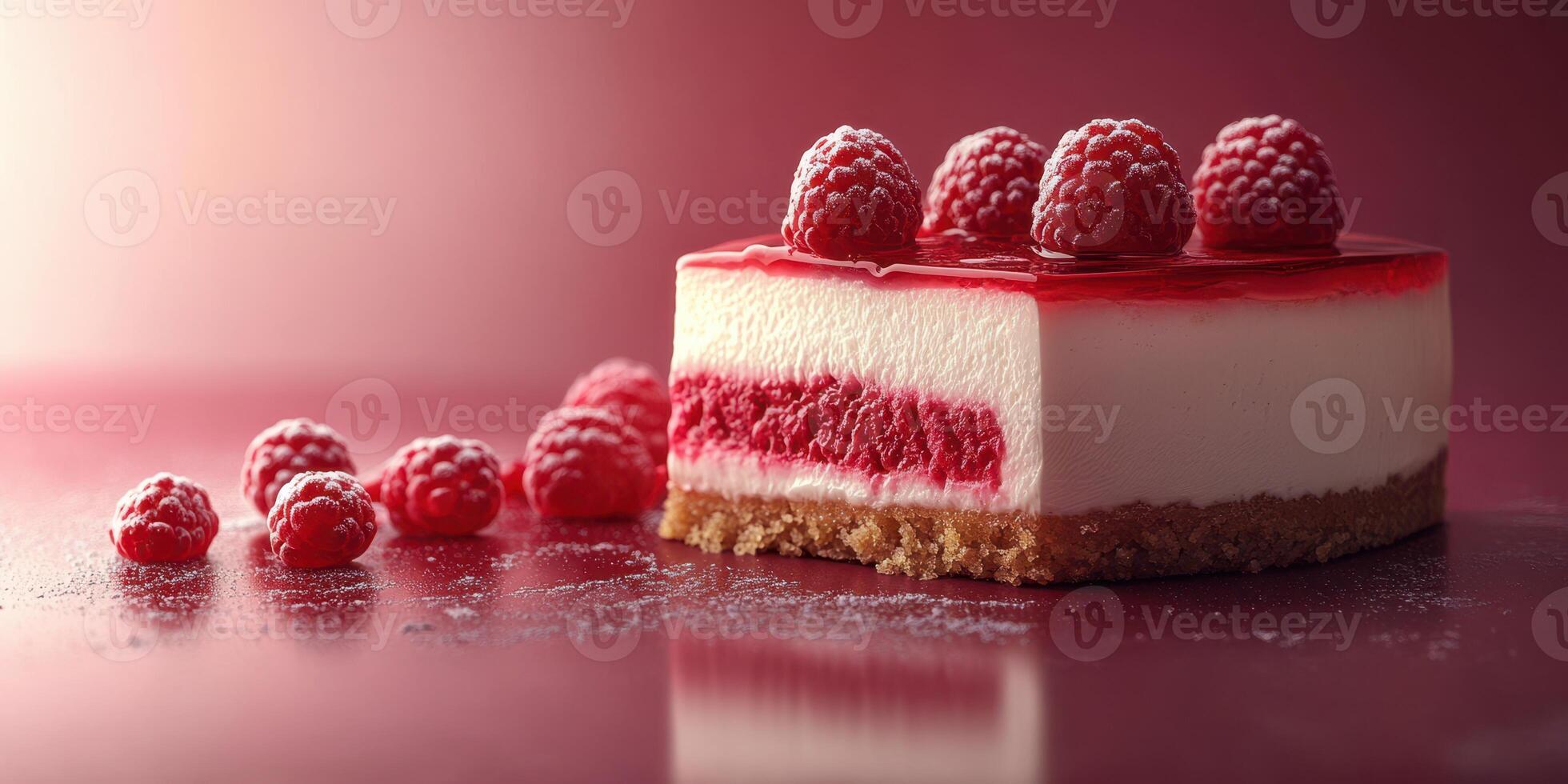Raspberry dessert with layer of cream and crust presented on a reflective surface in a warm light setting photo
