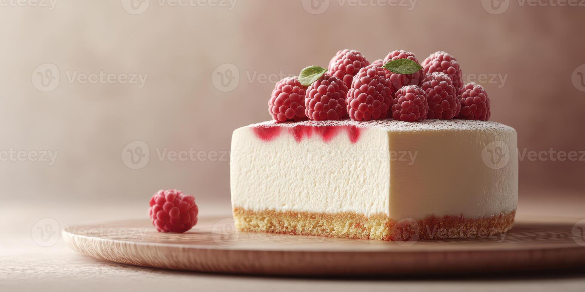 Delicious cheesecake topped with fresh raspberries on a wooden serving board in a softly lit setting photo