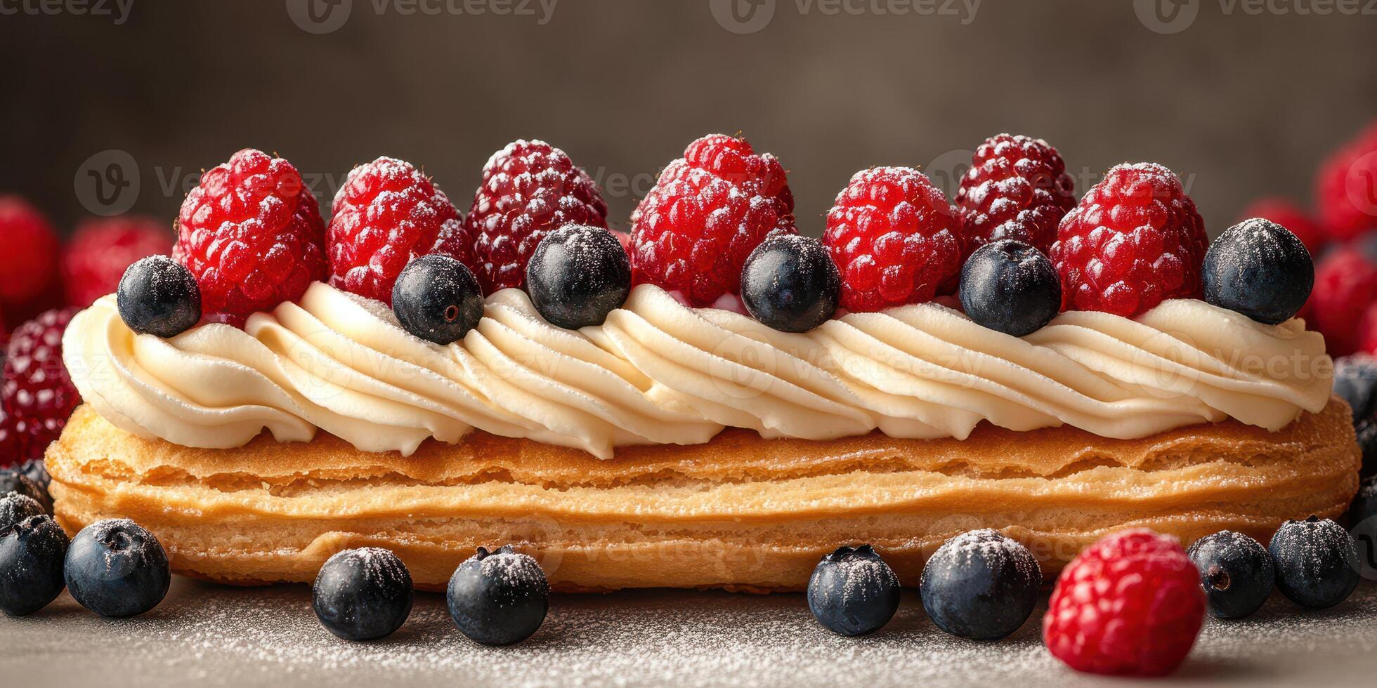 Delicious dessert featuring fresh berries and creamy frosting served on a pastry base at a cozy bakery photo