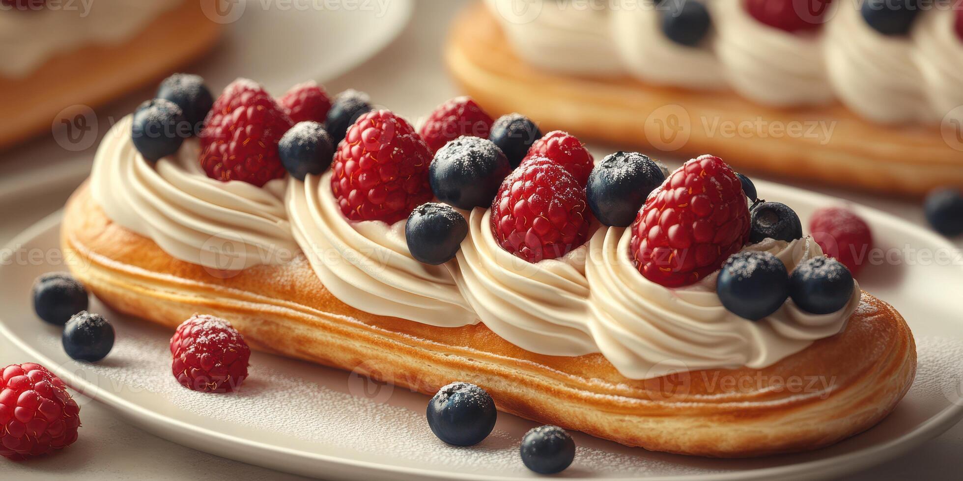 Fresh dessert featuring raspberry, blueberry, and cream on pastry in a cozy bakery setting during afternoon hours photo
