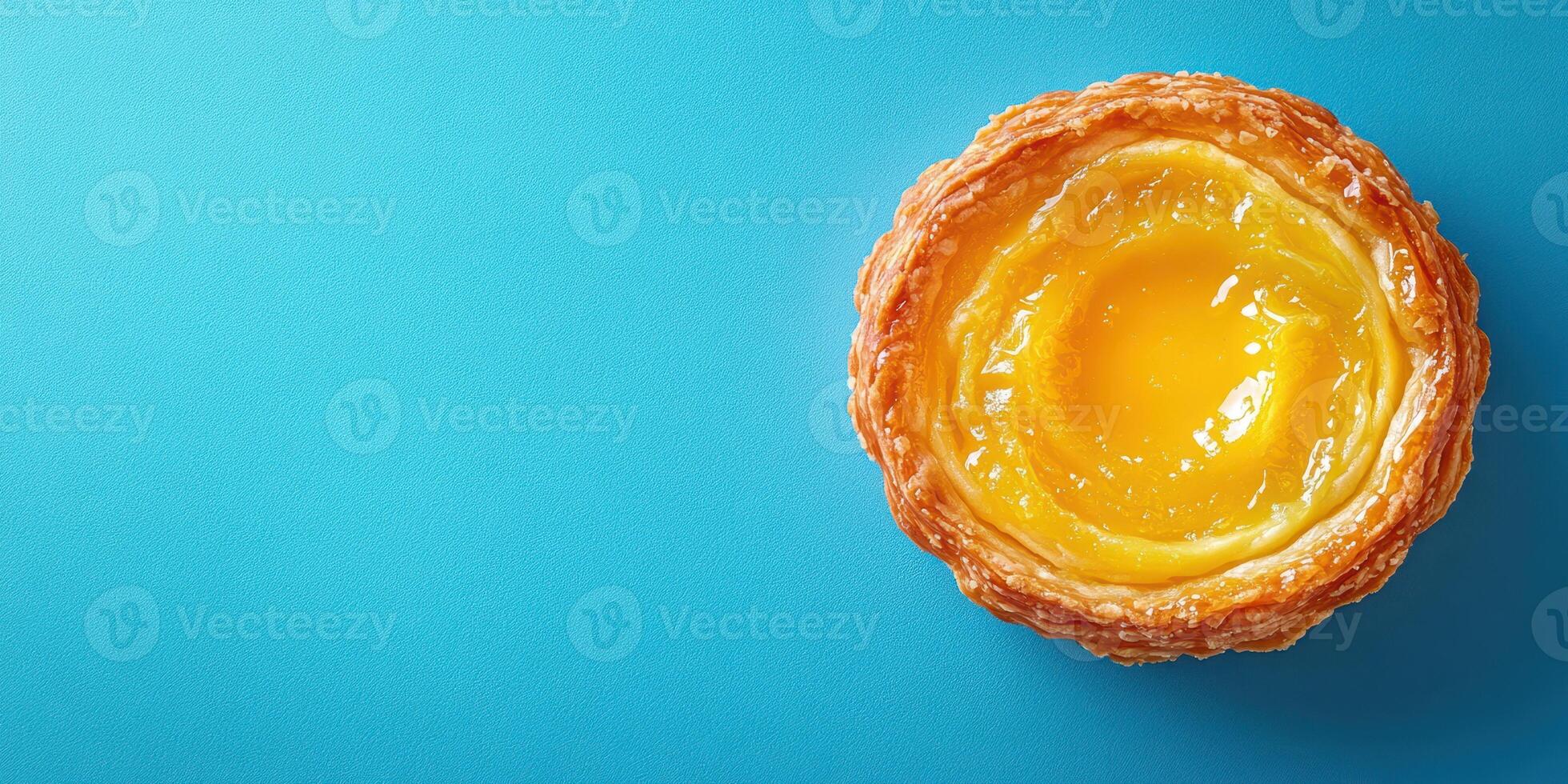 Delicious custard tart showcasing a golden filling on a vibrant blue background photo