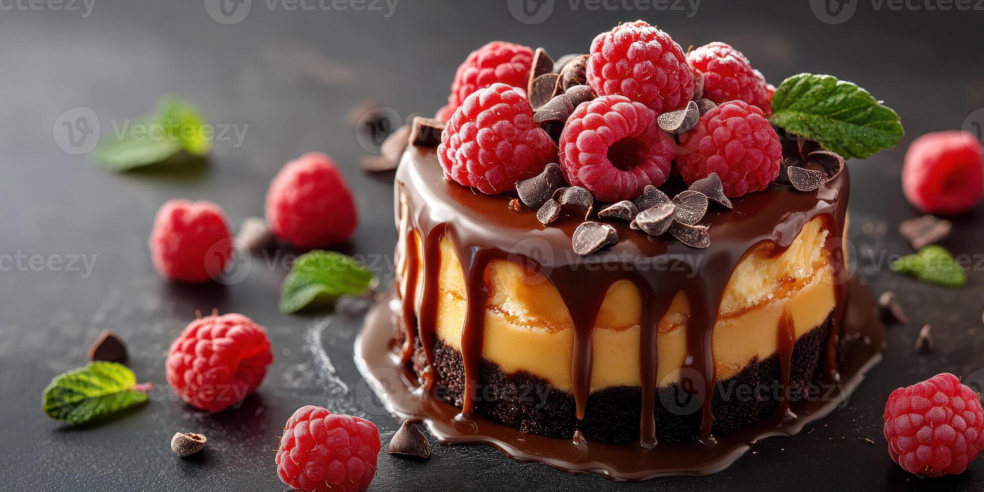 Decadent chocolate raspberry cheesecake garnished with fresh berries and mint on a dark background photo