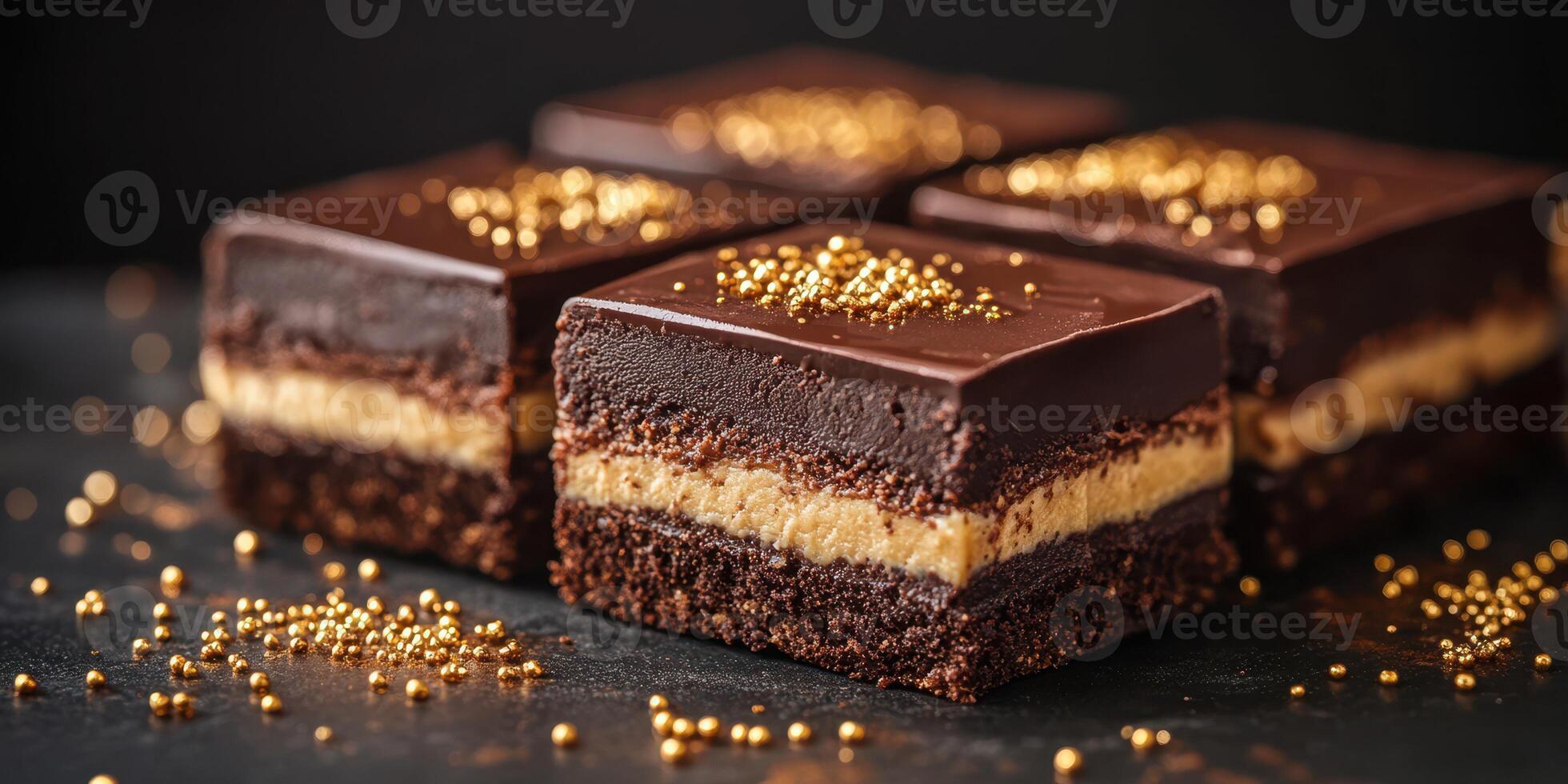 Decadent chocolate dessert squares with rich peanut butter filling and golden toppings on a dark background photo
