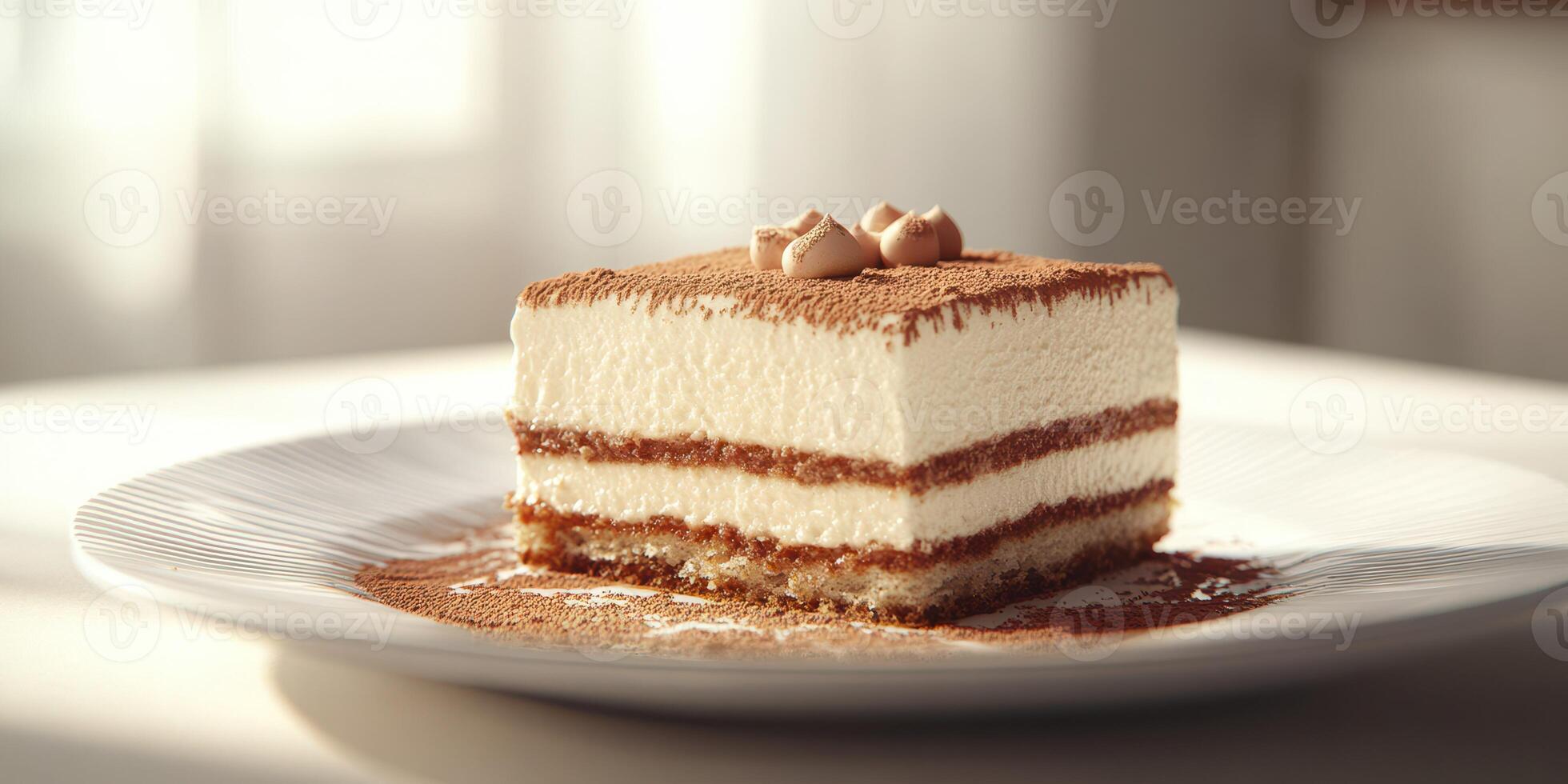 Delicious layered dessert on a white plate with a soft background featuring creamy textures and a hint of cocoa photo