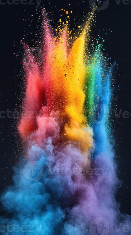 Vibrant explosion of colored powder creates a stunning visual display during a festival celebration at night photo