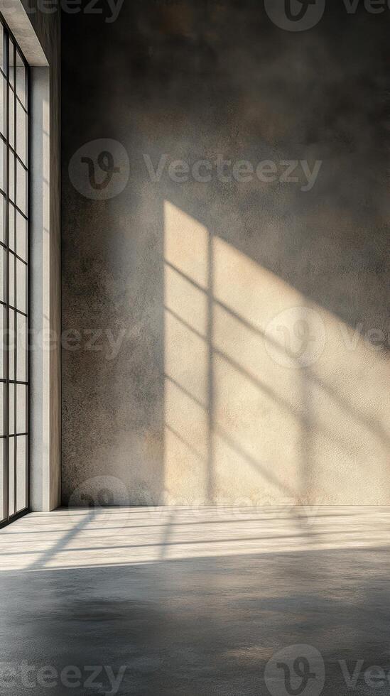 Modern interior with natural light creating shadows on smooth walls and floor in an urban setting during daytime hours photo