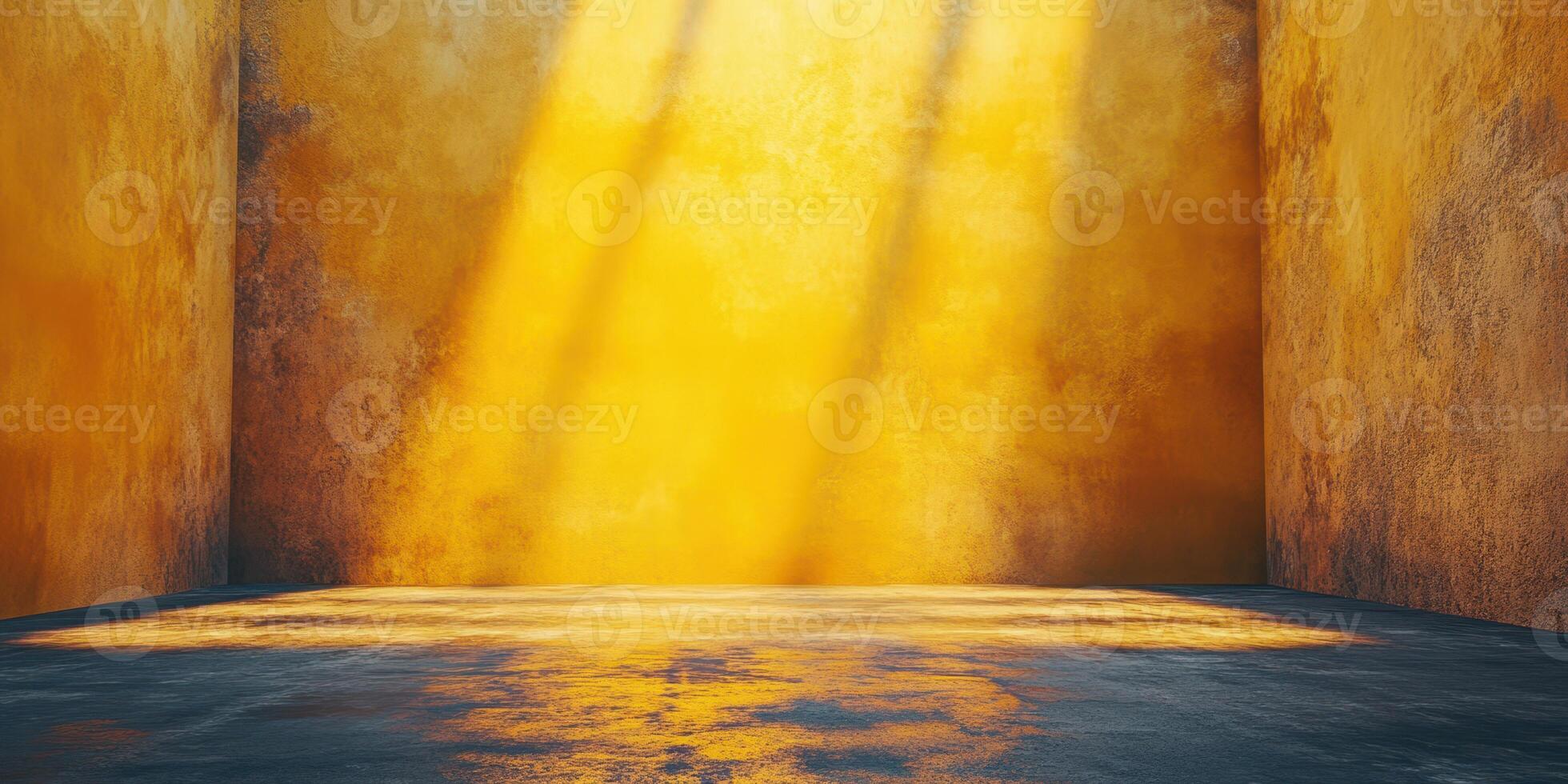 Bright yellow light illuminates empty room with textured walls and floor in a creative studio setting photo