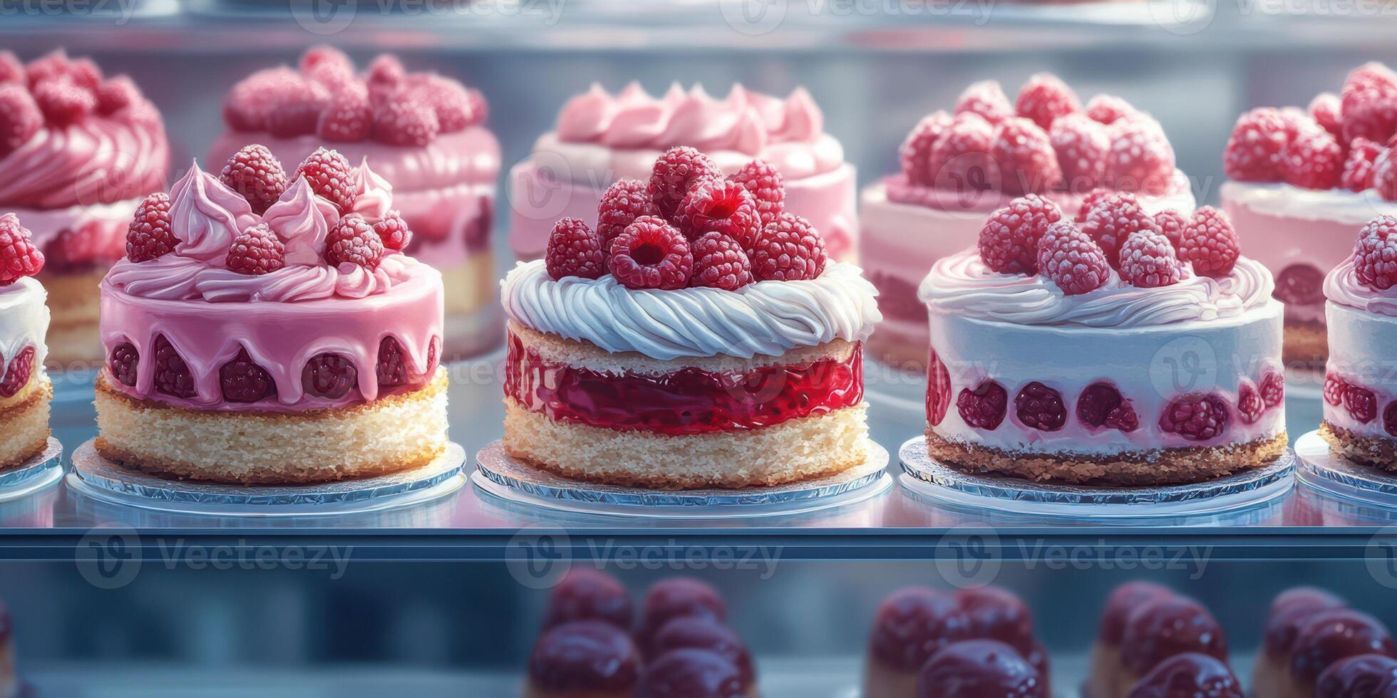 Delightful raspberry cakes displayed in a bakery window during the afternoon hours photo