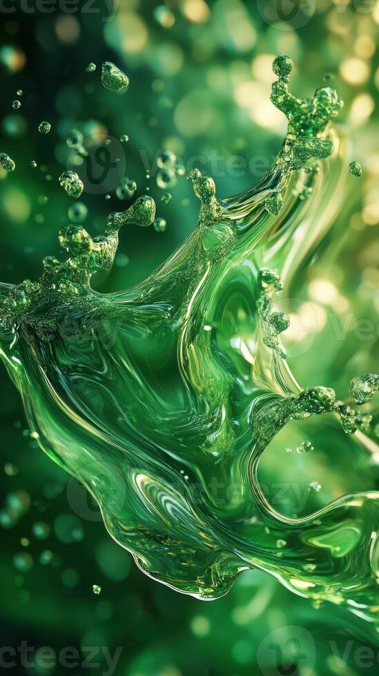 Swirling green liquid creating dynamic splashes under vibrant light photo