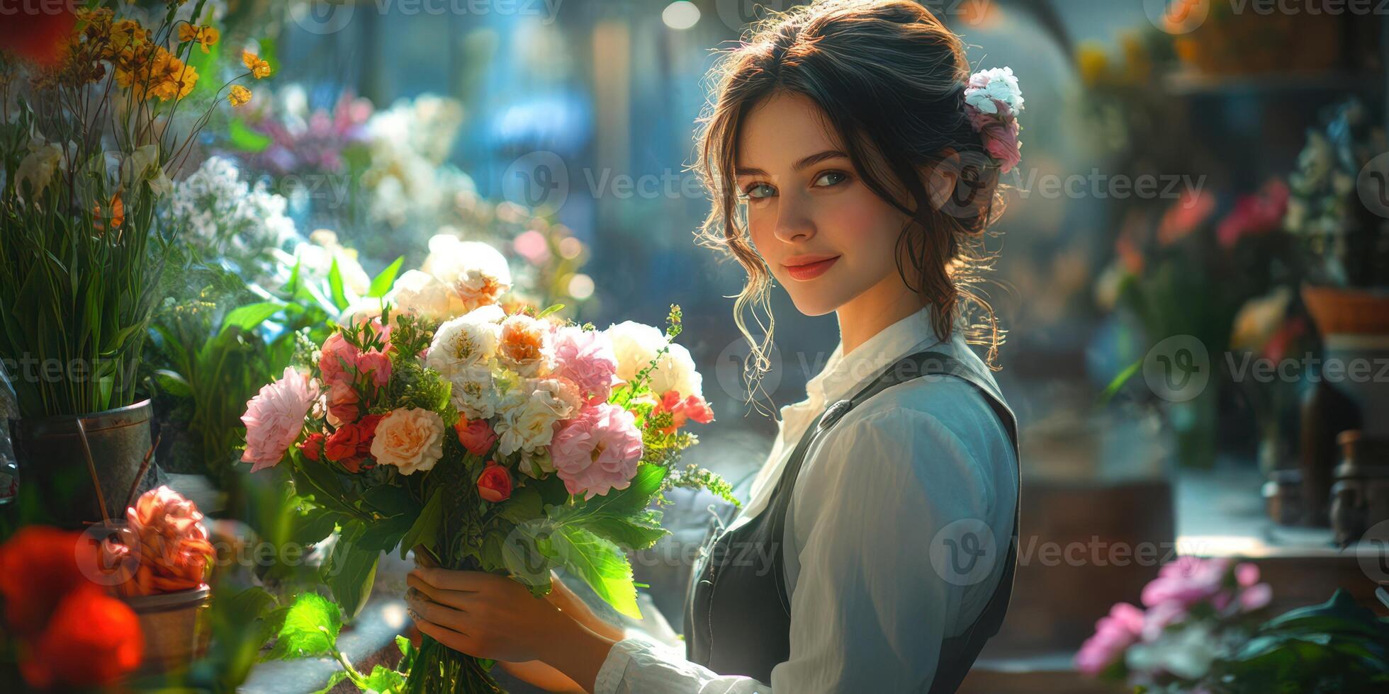 Young woman holding a vibrant bouquet of flowers in a sunny floral market photo