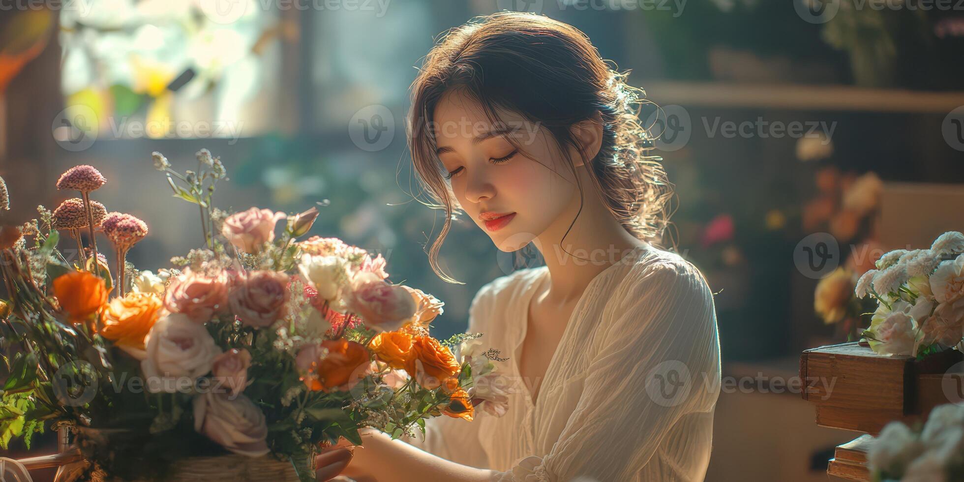Young woman arranging a beautiful bouquet in a cozy flower shop during daylight hours photo