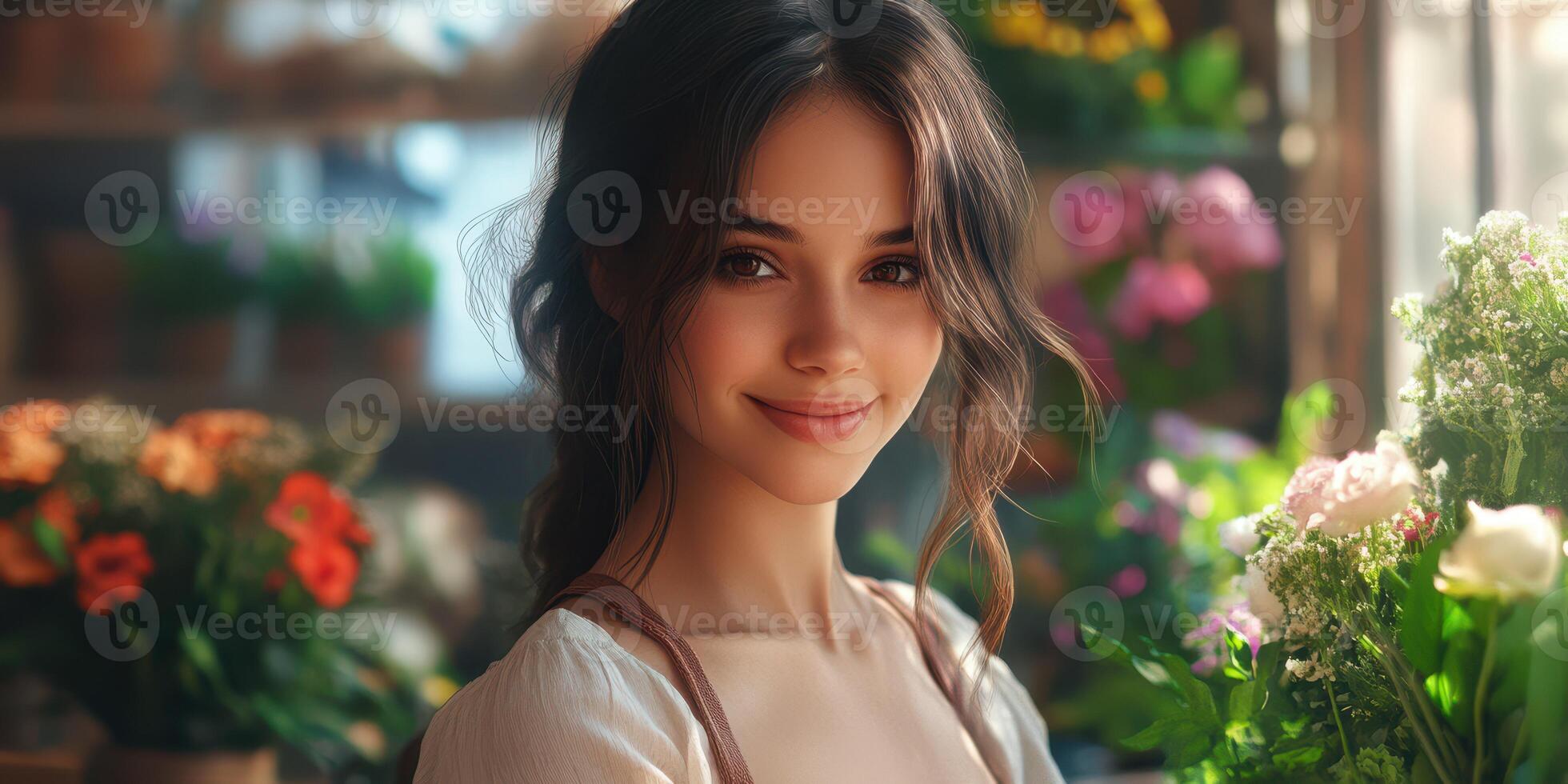 Young woman smiles warmly while arranging flowers in a vibrant floral shop during the afternoon photo