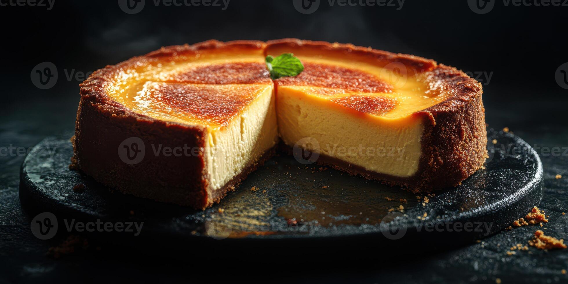 Creamy cheesecake with a golden crust on a dark background, showcasing a generous slice removed photo