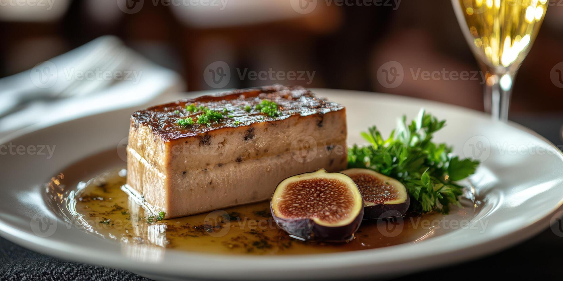 Gourmet dish featuring grilled meat, fresh herbs, and figs served in an elegant restaurant setting during dinner time photo