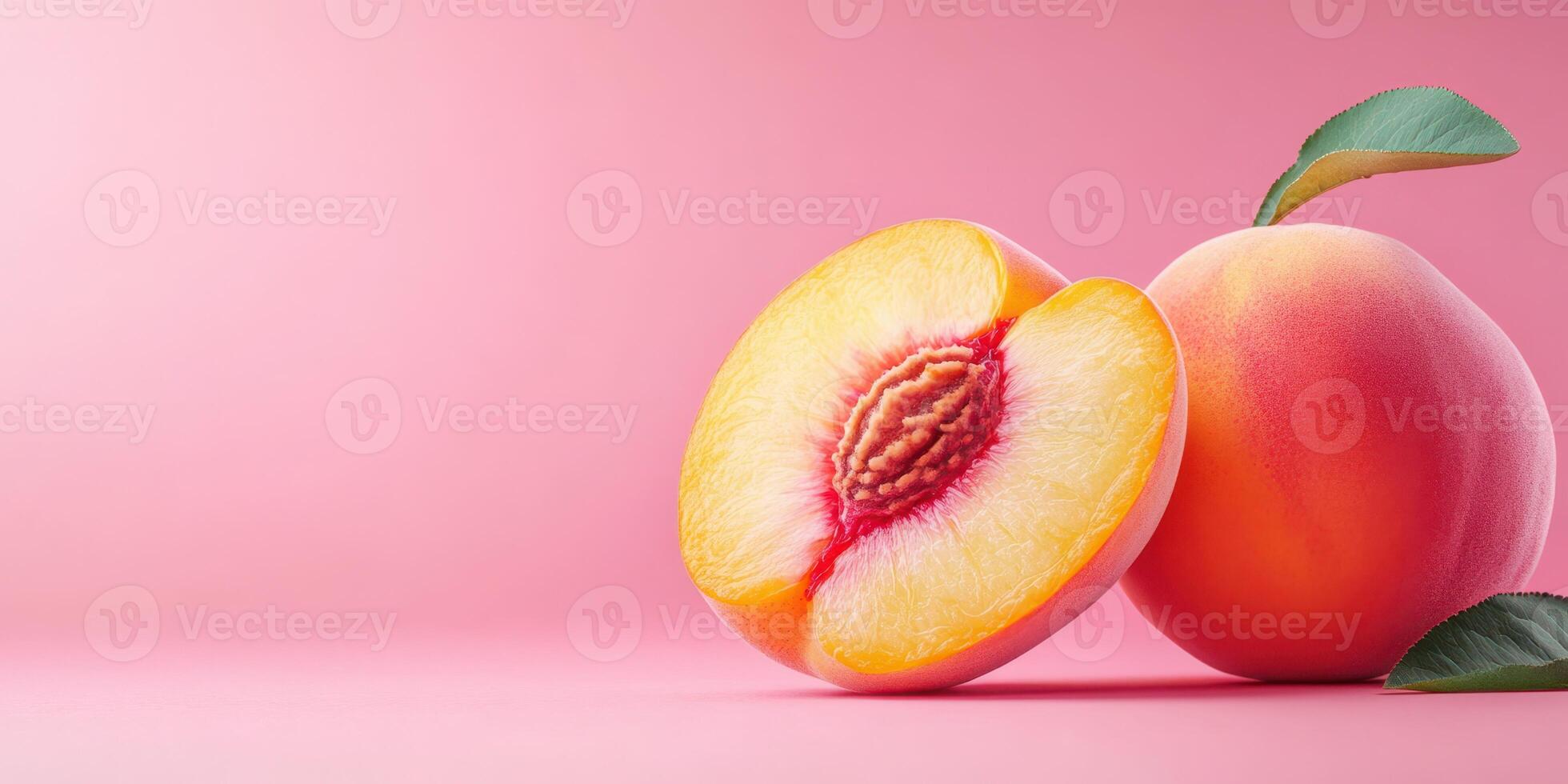 Fresh peaches sliced and whole on a soft pink background create a vibrant and appetizing display photo
