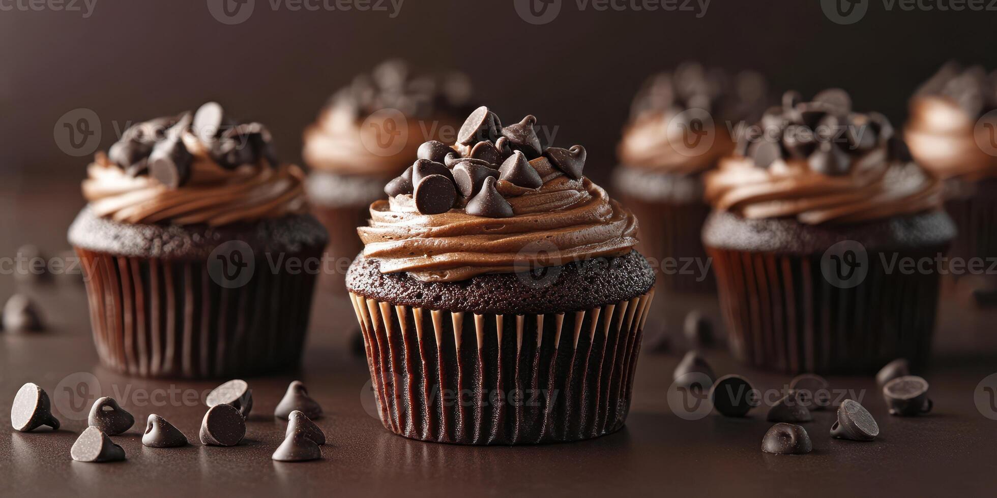 Decadent chocolate cupcakes topped with creamy frosting and chocolate chips in a stylish display photo