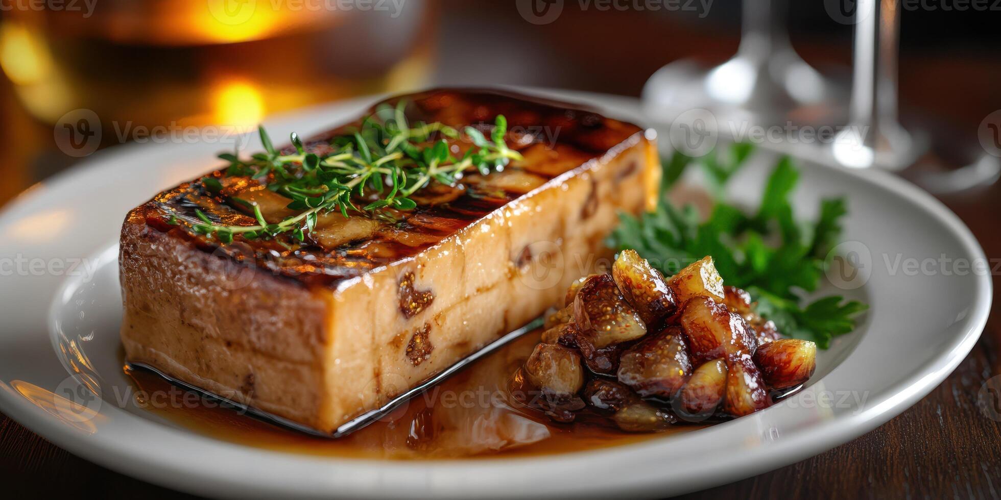 Delicious grilled tofu with garlic and herbs served on a white plate in a cozy restaurant setting photo