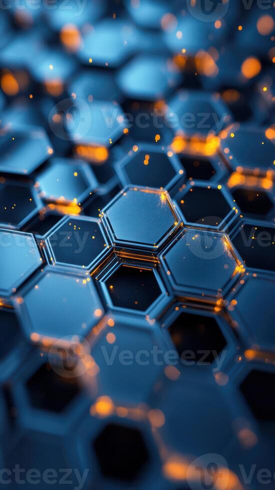 Hexagonal patterns with glowing orange accents create an abstract design on a dark surface photo