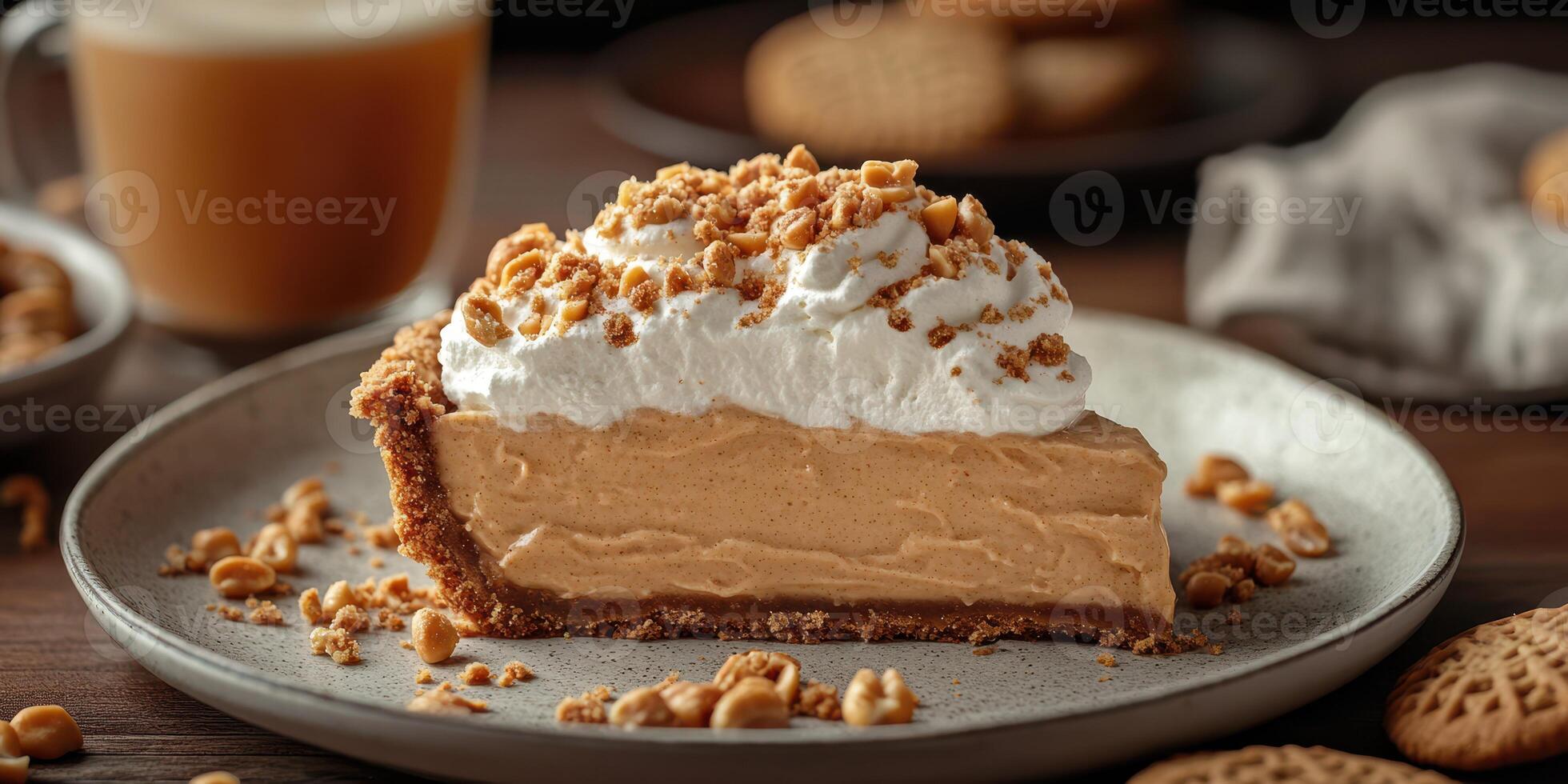 Delicious slice of creamy peanut butter pie topped with whipped cream and crushed nuts on a rustic table photo