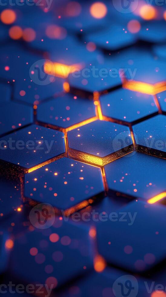 Intricate hexagonal patterns illuminated by glowing particles at dusk photo
