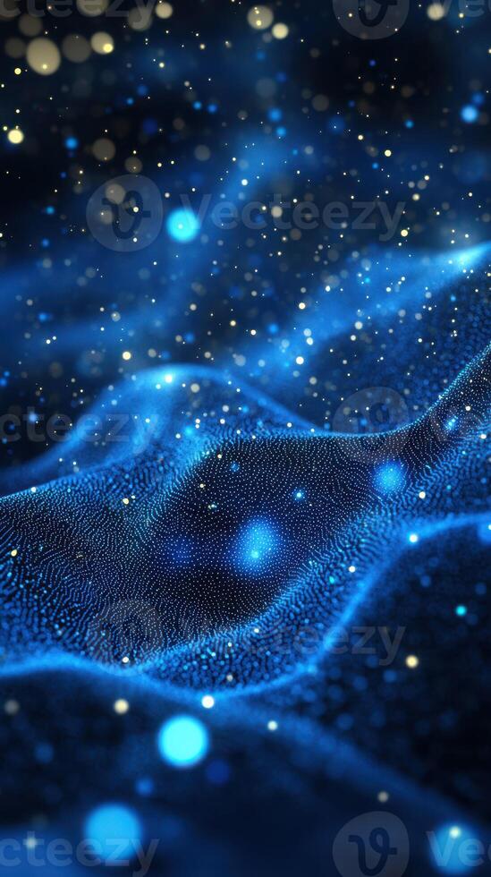 Abstract depiction of a glowing blue landscape with luminous particles in a dark atmosphere photo