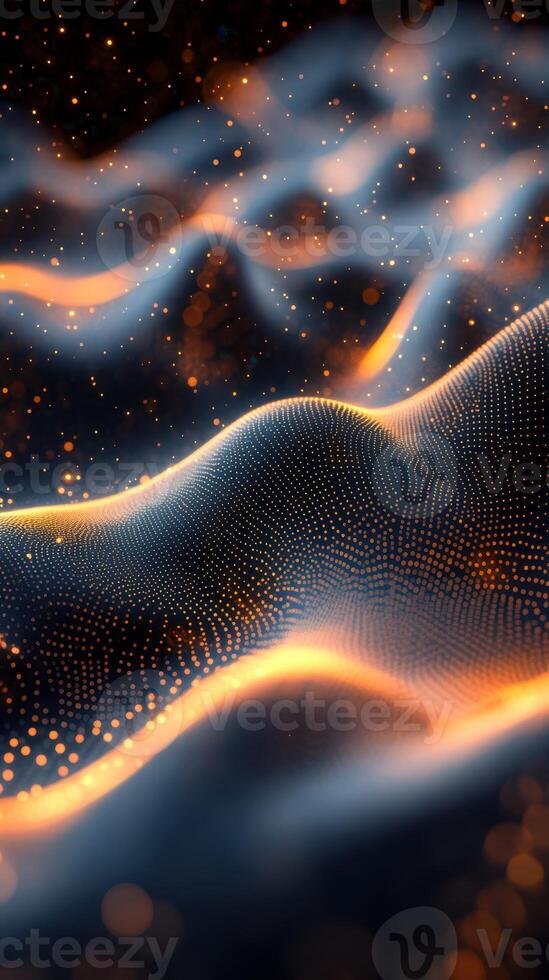 Colorful digital waves create an abstract landscape filled with light and movement in a dark setting photo
