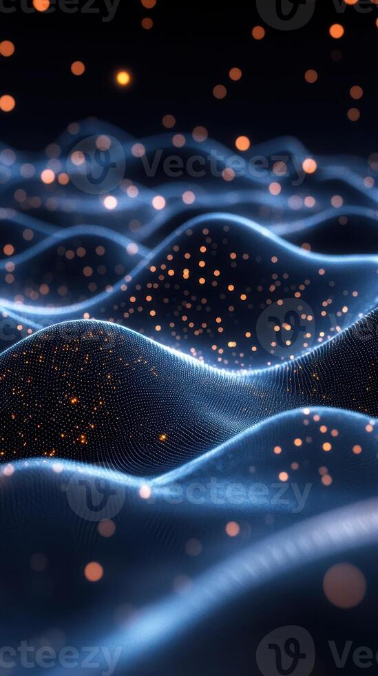 Digital waves of light shimmer softly in a dark space highlighting intricate patterns and glowing particles photo