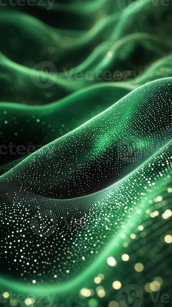 Intricate green wave patterns with glowing particles in a mesmerizing digital landscape photo