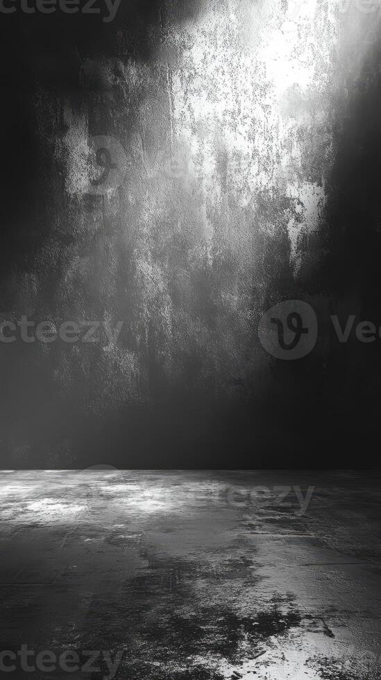Mysterious light illuminating an empty space with textured walls and floor in monochrome tones at dusk photo