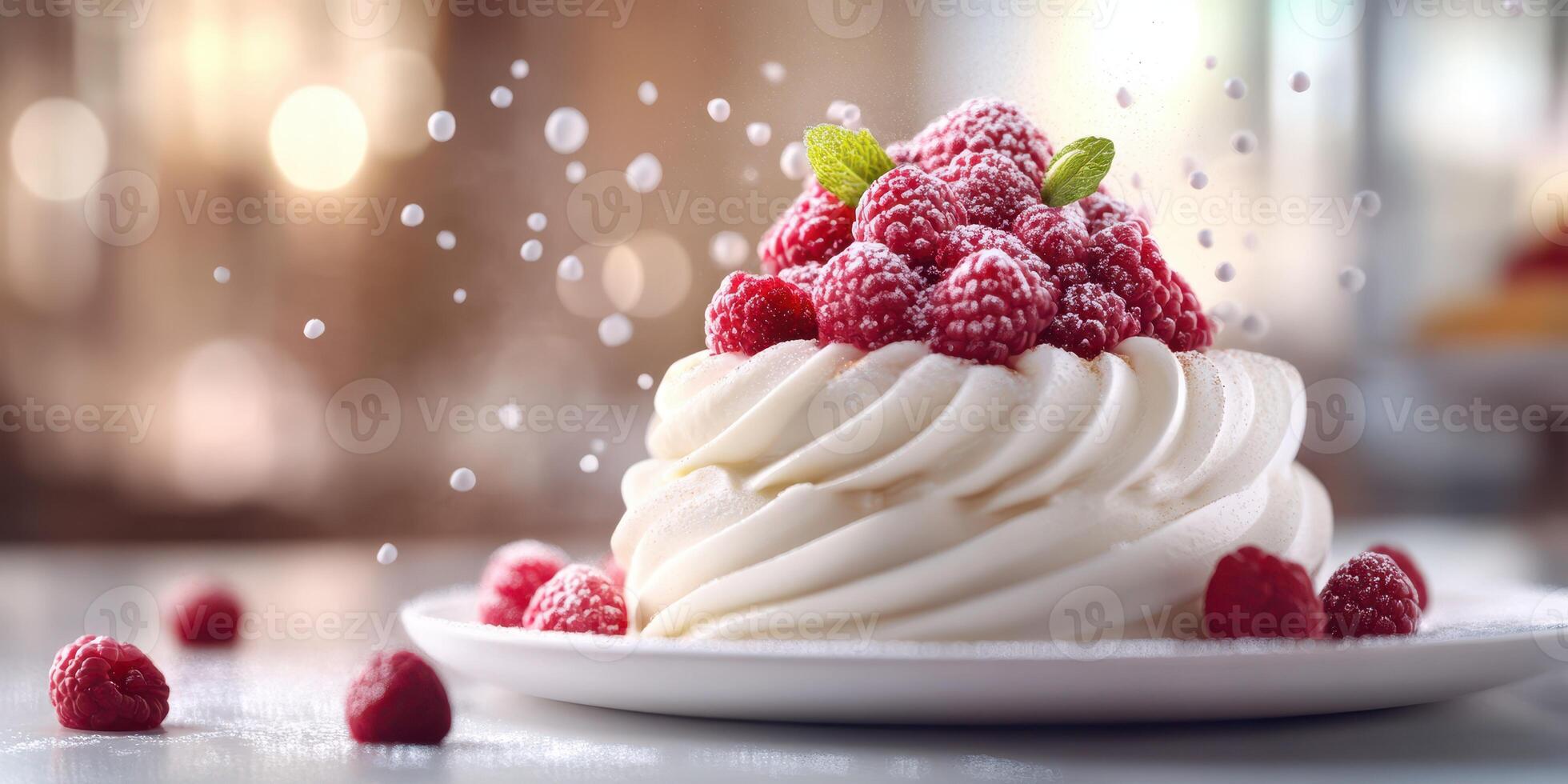 Delicious raspberry pavlova dessert topped with mint leaves and dusted with sugar in an elegant setting photo